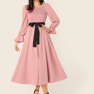 Shein Frill Trim Shirred Pink Dress